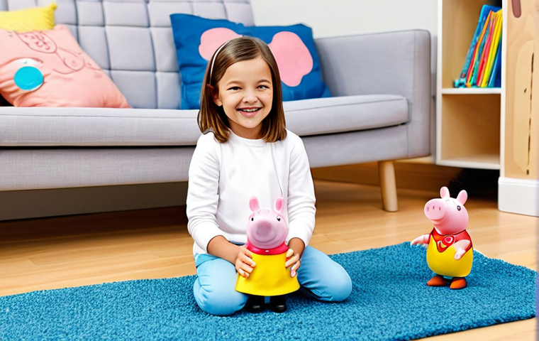 A joyful young child, approximately 6 years old, fully clothed in modest, comfortable, and appropriate attire, is deeply engaged in imaginative play. The child is sitting comfortably on a clean, light-colored rug in a bright, modern playroom, surrounded by various Peppa Pig playsets, including Peppa's family house and a school bus toy. They are actively arranging Peppa Pig figures, creating a lively scene, with a focused yet happy expression. The setting is well-lit with natural light, emphasizing a professional, high-quality appearance. Perfect anatomy, correct proportions, natural pose, well-formed hands, proper finger count, natural body proportions, safe for work, appropriate content, fully clothed, family-friendly.