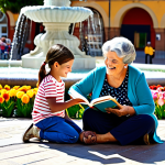 **

A vibrant family scene in a sunny Spanish plaza. A "abuela" (grandmother) with a warm smile is reading a storybook to two grandchildren, a boy and a girl, all are "fully clothed" in colorful, modest clothing suitable for a warm day.  The plaza has a fountain and colorful flowers.  "Safe for work", "appropriate content", "perfect anatomy", "natural pose", "professional illustration", "family-friendly", "high quality".

**
