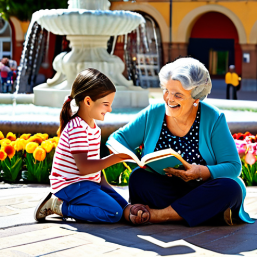 Home 6 **
A vibrant family scene in a sunny Spanish plaza. A "abuela" (grandmother) with a warm smile is reading a storybook to two grandchildren, a boy and a girl, all are "fully clothed" in colorful, modest clothing suitable for a warm day. The plaza has a fountain and colorful flowers. "Safe for work", "appropriate content", "perfect anatomy", "natural pose", "professional illustration", "family-friendly", "high quality".
**