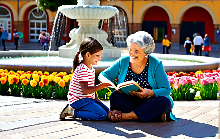 **

A vibrant family scene in a sunny Spanish plaza. A "abuela" (grandmother) with a warm smile is reading a storybook to two grandchildren, a boy and a girl, all are "fully clothed" in colorful, modest clothing suitable for a warm day.  The plaza has a fountain and colorful flowers.  "Safe for work", "appropriate content", "perfect anatomy", "natural pose", "professional illustration", "family-friendly", "high quality".

**