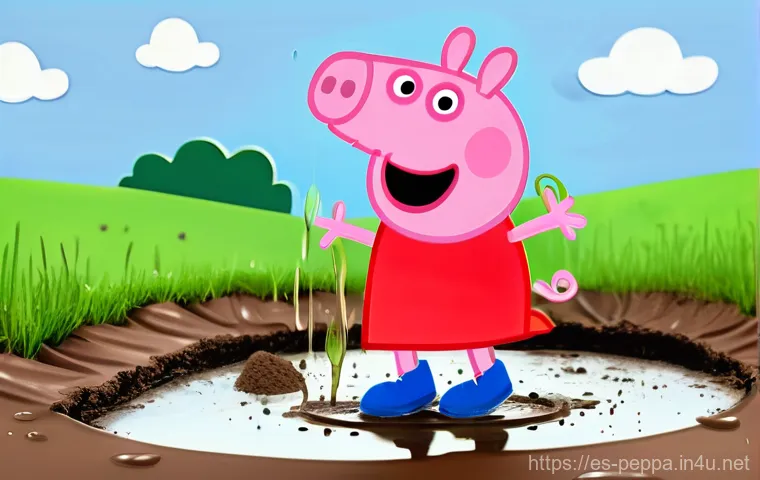 페파피그 캐릭터 가족 구성 - **"A vibrant, cheerful cartoon scene featuring Peppa Pig and her younger brother George Pig joyfully...