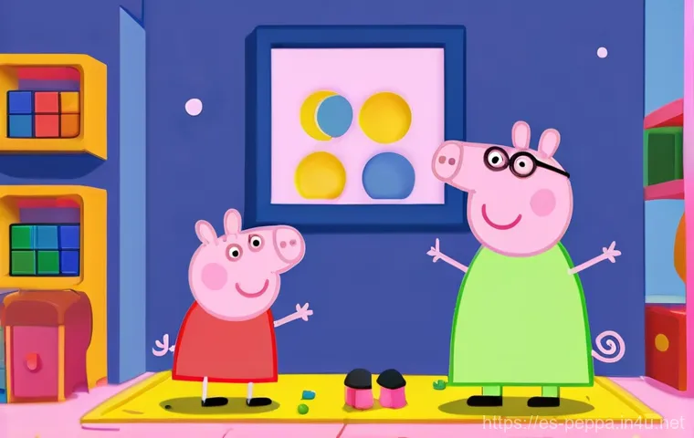 페파피그 캐릭터 가족 구성 - **"A vibrant, cheerful cartoon scene featuring Peppa Pig and her younger brother George Pig joyfully... 페파피그 캐릭터 가족 구성 - **"A vibrant, cheerful cartoon scene featuring Peppa Pig and her younger brother George Pig joyfully...