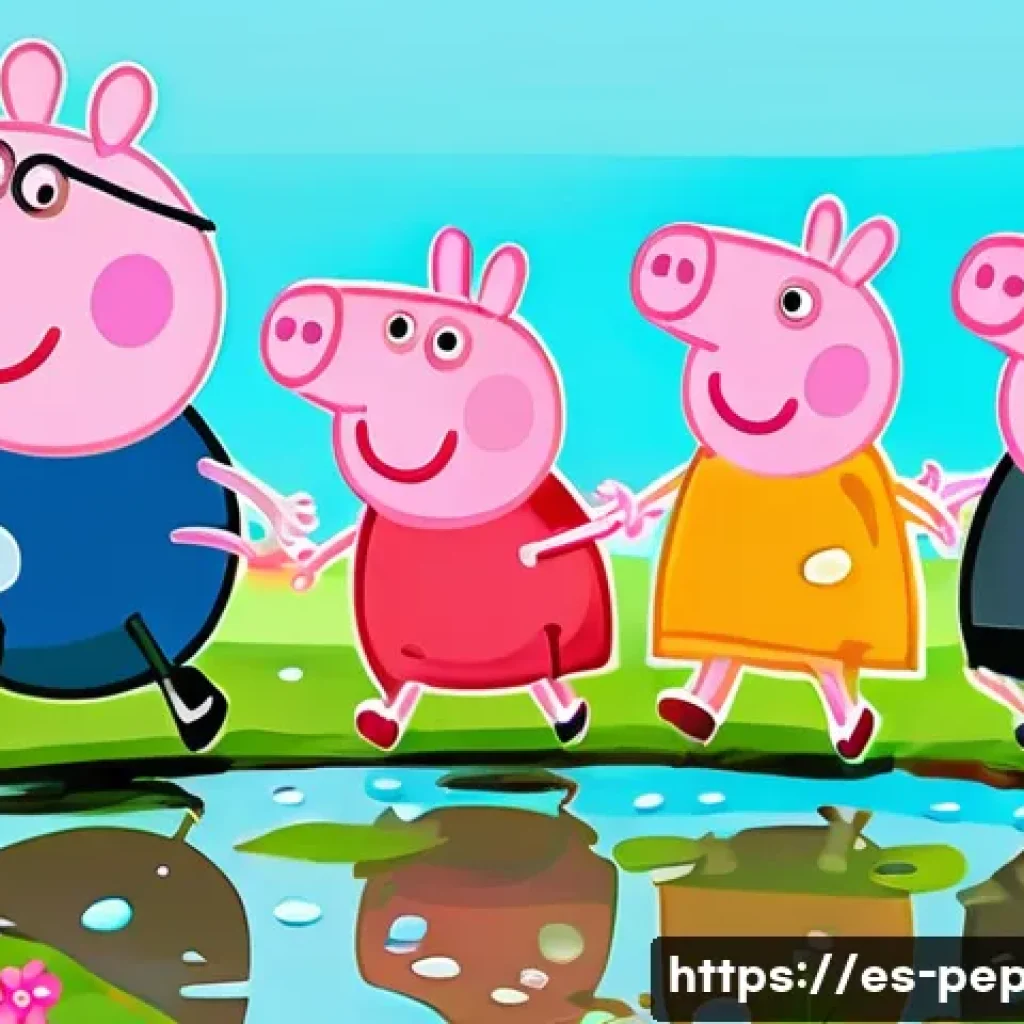 페파피그 스토리텔링 기법 - A charming and vibrant cartoon illustration featuring Peppa Pig, George, Mummy Pig, and Daddy Pig. T...