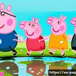 Home 12 페파피그 스토리텔링 기법 - A charming and vibrant cartoon illustration featuring Peppa Pig, George, Mummy Pig, and Daddy Pig. T...