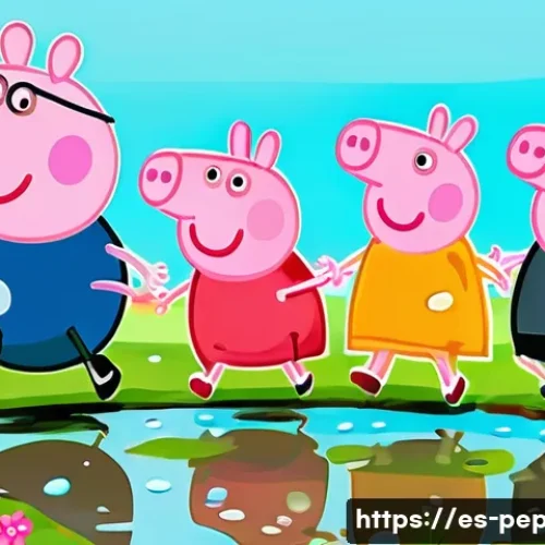 Home 24 페파피그 스토리텔링 기법 - A charming and vibrant cartoon illustration featuring Peppa Pig, George, Mummy Pig, and Daddy Pig. T...