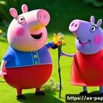 Home 17 페파피그 교육 방송으로서의 가치 - **Prompt:** A vibrant, sunlit outdoor scene featuring Peppa Pig and George Pig. Peppa, dressed in he...