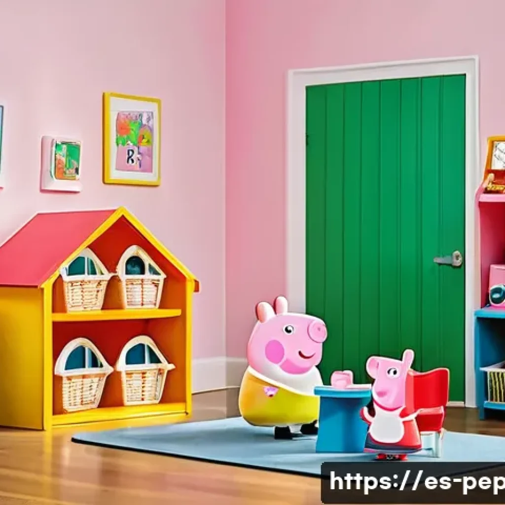 페파피그 놀이 세트 리뷰 - A vibrant and colorful playroom scene featuring children aged 3-6 playing with a large Peppa Pig Fam...