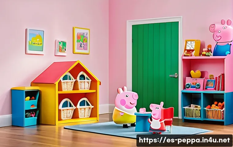 페파피그 놀이 세트 리뷰 - A vibrant and colorful playroom scene featuring children aged 3-6 playing with a large Peppa Pig Fam...