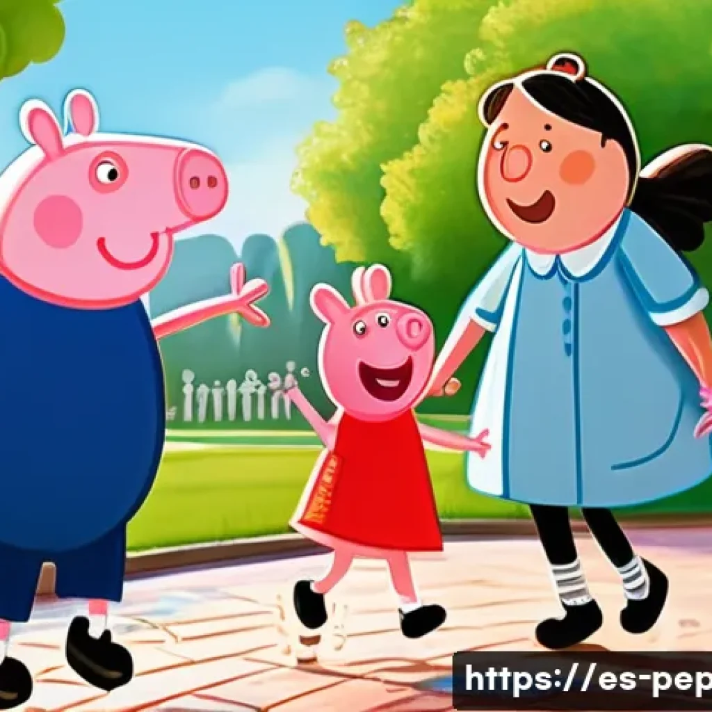 페파피그 캐릭터별 명대사 - A cheerful family scene featuring Peppa Pig and her family enjoying a sunny day in a colorful Spanis...