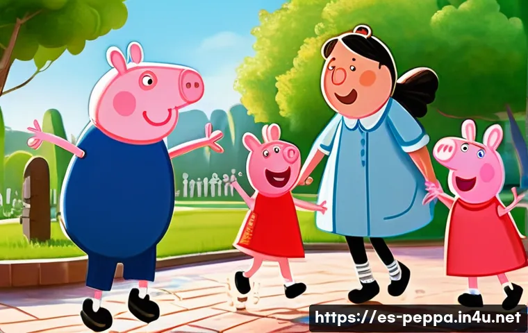 페파피그 캐릭터별 명대사 - A cheerful family scene featuring Peppa Pig and her family enjoying a sunny day in a colorful Spanis...