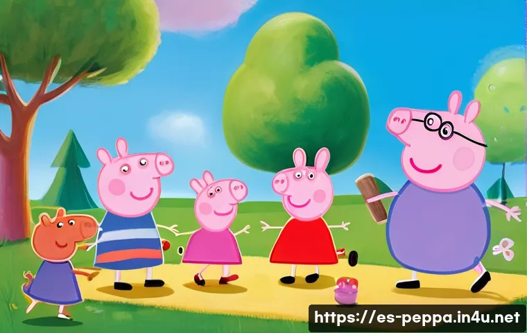 페파피그 친구들 관계도 - A vibrant and colorful scene of Peppa Pig and her friends playing together in a sunny playground set...
