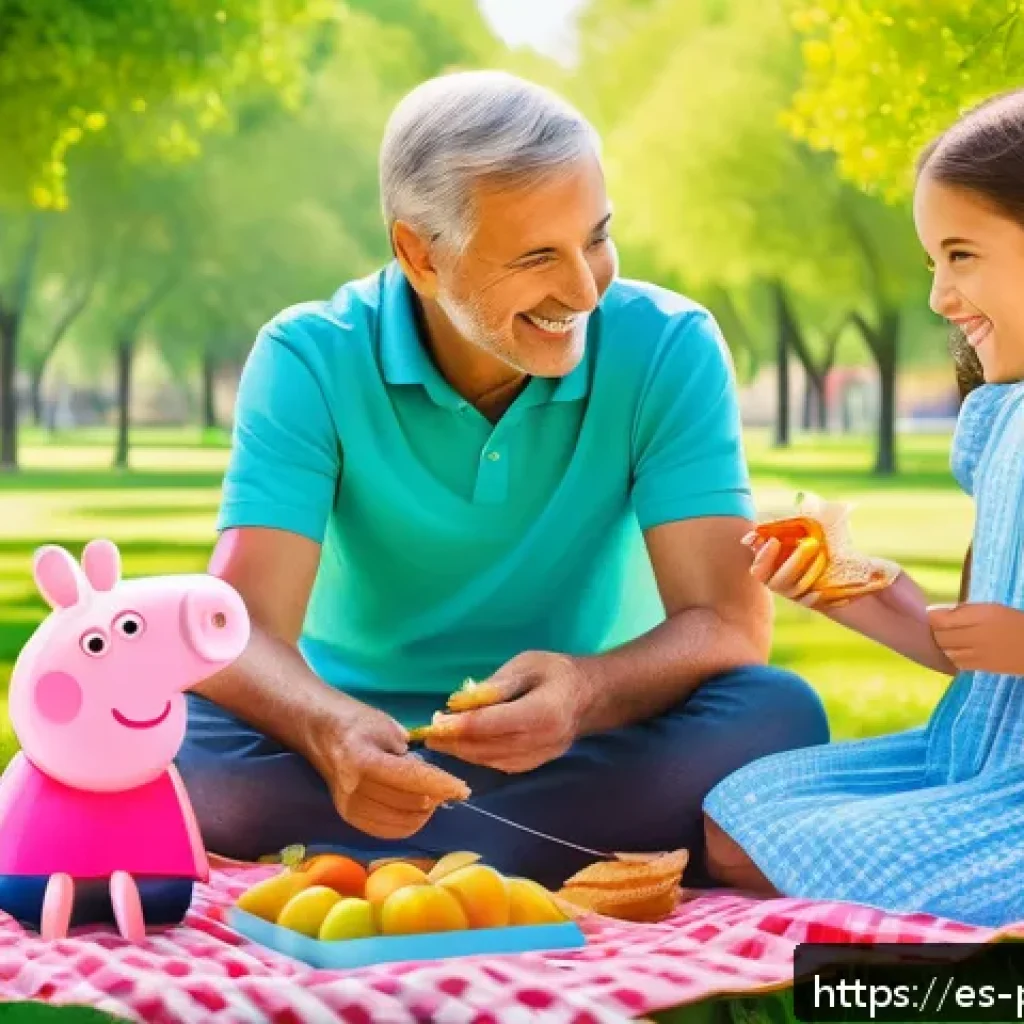 페파피그 캐릭터 성장 이야기 - A colorful and cheerful family scene inspired by Peppa Pig style, featuring a young girl wearing bri...