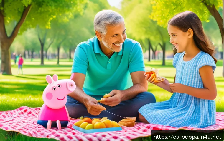 페파피그 캐릭터 성장 이야기 - A colorful and cheerful family scene inspired by Peppa Pig style, featuring a young girl wearing bri...