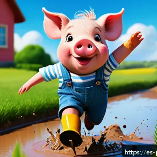 페파피그 놀이 장면 분석 - A colorful, simple cartoon scene of a young pig character wearing casual children&rsquo;s clothing and rub...