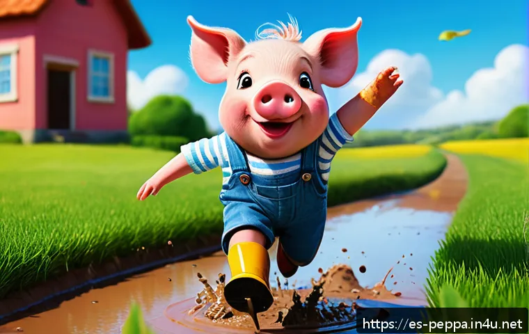 페파피그 놀이 장면 분석 - A colorful, simple cartoon scene of a young pig character wearing casual children&rsquo;s clothing and rub...