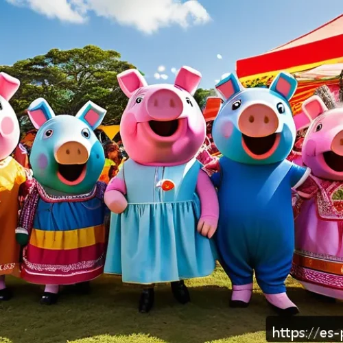 페파피그 글로벌 유통 전략 - A vibrant outdoor scene at a local Latin American family fair featuring children happily interacting...