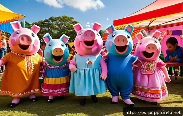 페파피그 글로벌 유통 전략 - A vibrant outdoor scene at a local Latin American family fair featuring children happily interacting...