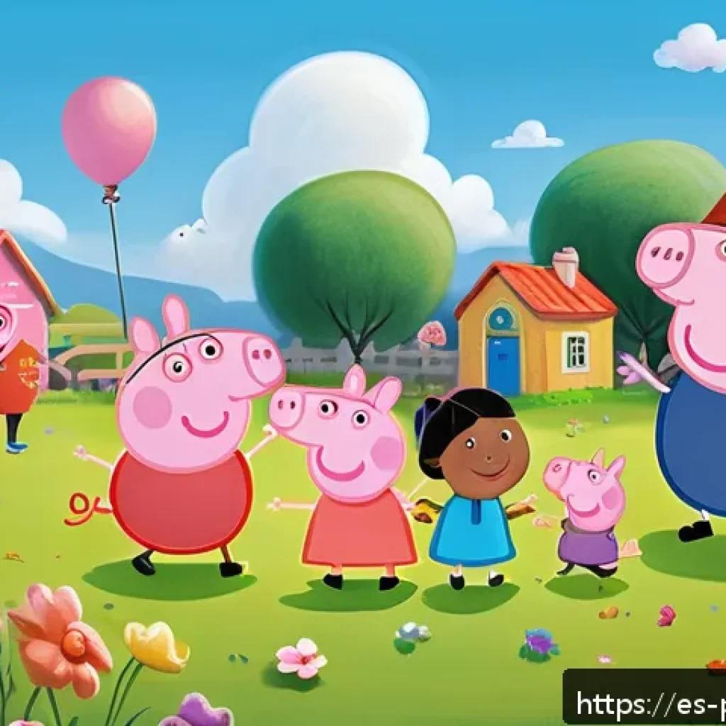 페파피그 시즌별 줄거리 요약 - A colorful outdoor scene showing Peppa Pig and her diverse group of friends playing in a sunny garde...