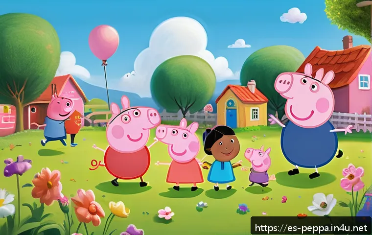 페파피그 시즌별 줄거리 요약 - A colorful outdoor scene showing Peppa Pig and her diverse group of friends playing in a sunny garde...
