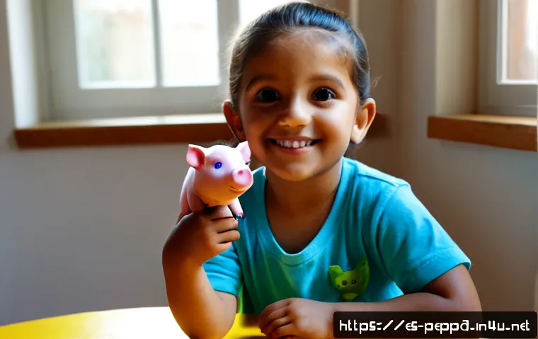 페파피그 조지 피그 특징 - Photorealistic children’s playroom scene featuring a cheerful young pink pig character in a simple b...